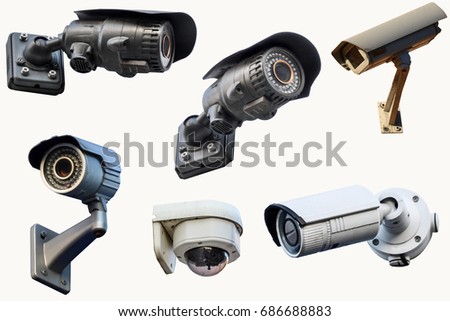 Six outdoor CCTV cameras. Isolated on white background Royalty-Free Stock Photo #686688883