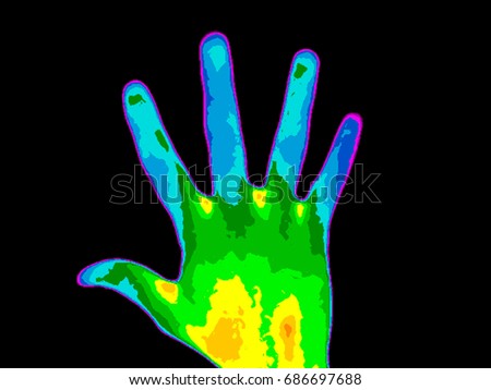 Thermographic photo of palm of a persons hand with the photo showing different temperature in a range of colors from blue showing cold to red showing hot, blue fingers can indicate multiple sclerosis. Royalty-Free Stock Photo #686697688