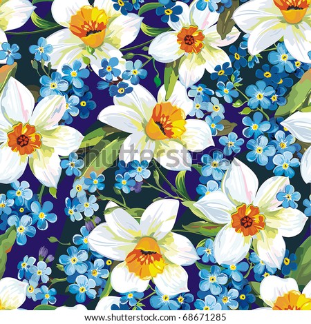 Stylish beautiful blue floral seamless pattern. Abstract Elegance vector illustration texture with forget-me-not and Daffodils.