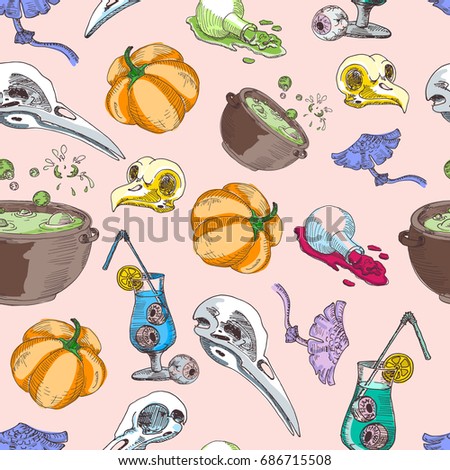 Seamless pattern with Halloween elements: pumpkin, bird skull, a bulb, a pot of poison, toadstool, cocktail, eyes