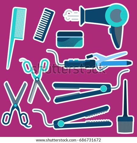 Flat vector blue hairdressing stickers set including irons, scissors, dryer, combs for barbershop, salons, hairdresser shops banners design
