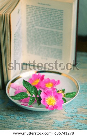pink wild rose flowers and  book on table close up. cozy composition with flowers. beautiful floral image. relax and reading concept