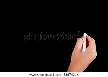 Right Hand writing on a blackboard in white