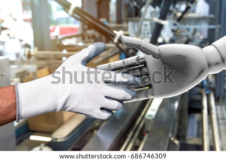 Artificial intelligence (AI) advisor or robo-adviser in smart factory industry 4.0 technology. Shaking hands of engineer and 3d rendering robot. Blur packaging factory background.