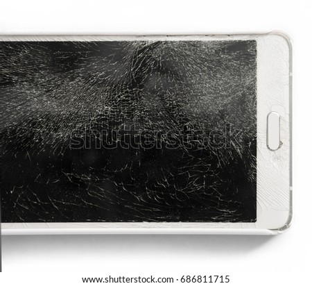Close up Mobile smartphone with broken screen isolated on white.