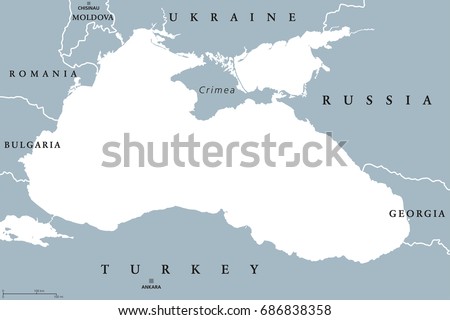 Black Sea and Sea of Azov region political map with capitals and borders. Body of water between Eastern Europe and Western Asia. Illustration. Gray illustration. Vector. Royalty-Free Stock Photo #686838358
