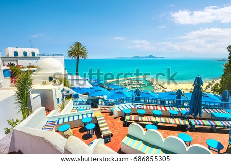  Beautiful view over of seaside and white blue village Sidi Bou Said. Tunisia, North Africa
 Royalty-Free Stock Photo #686855305