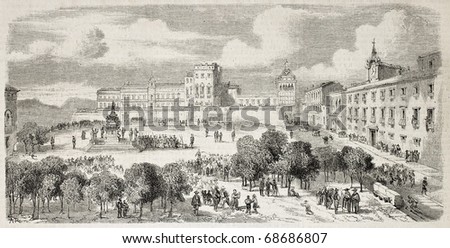 Old illustration shows a view of Royal Palace of Palermo, Italy. Original, from drawing of Rouargue, published on L'Illustration, Journal Universel, Paris, 1860