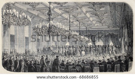 Saint-Denis City Hall interior during inauguration. Reunion Island. Original engraving, from drawing of Gaildrau after photo of Hugoulin,  published on L'Illustration, Journal Universel, Paris, 1860