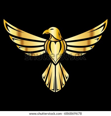 A golden illustration of an eagle which can be used for a logo or as an icon.