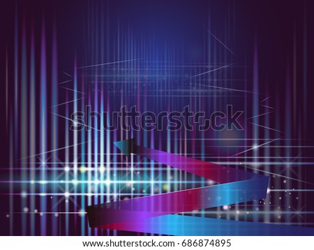 Vector illustration lines and colors in dark blue sky of space with arrow and imagination to time machine in the future. Abstract space background with matrix of glowing stardust and light in galaxy.