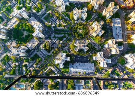 Aerial view of buildings on near Wilshire Blvd in Westwood, Los Angeles, CA Royalty-Free Stock Photo #686896549