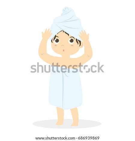 little girl covered in towel wrapping her head with towel, cartoon vector illustration
