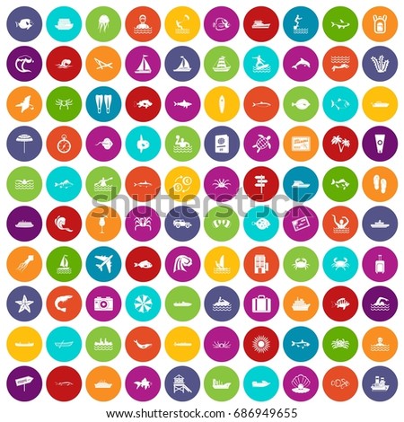 100 ocean icons set in different colors circle isolated vector illustration