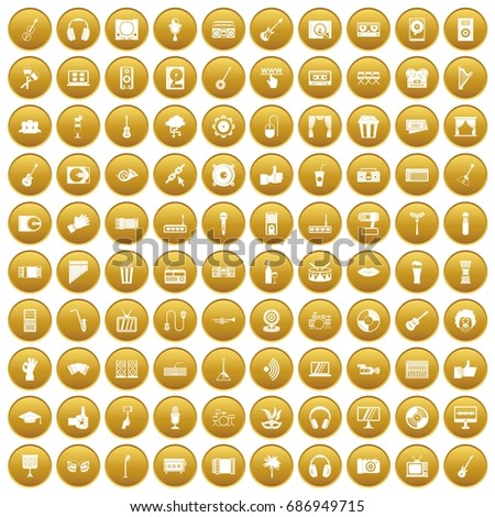 100 karaoke icons set in gold circle isolated on white vectr illustration