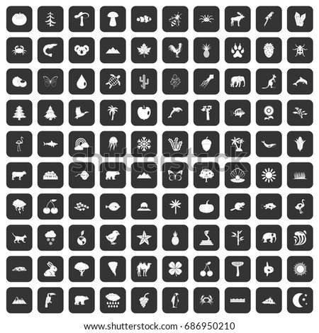 100 nature icons set in black color isolated vector illustration