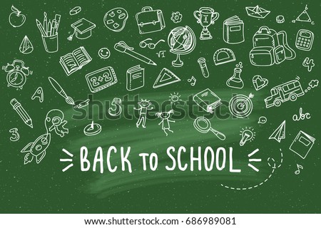 Concept of education. School background with hand drawn school supplies on green blackboard. Back to school.