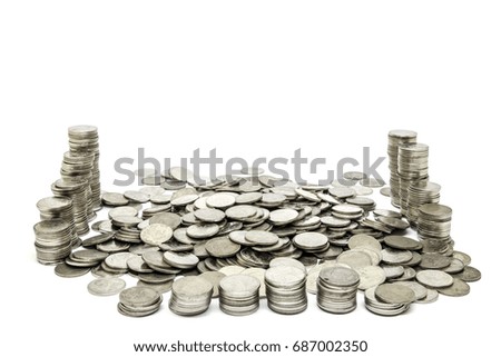 Coins silver stack isolated on white background and selective focus.