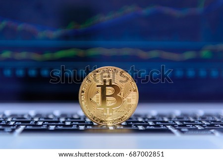 Golden bitcoin coin against digital currency chart background