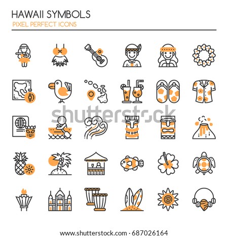 Hawaii Symbols , Thin Line and Pixel Perfect Icons
