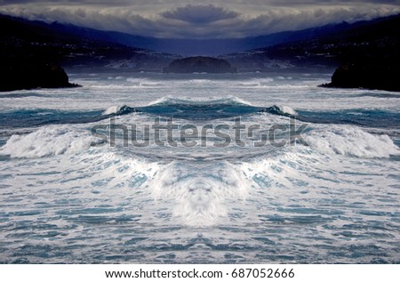 The next tsunami, Tenerife, Canary Islands, Spain,Symmetrical photographs,  magical realism,surreal photography,abstract,magical picture just for crazy,sea, ocean,blue,foam,fear,danger,cliffs,water,