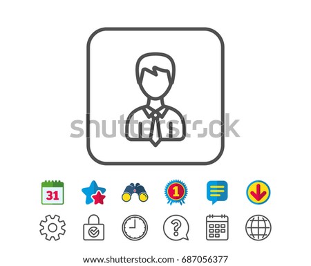 Male User line icon. Profile Avatar sign. Businessman Person silhouette symbol. Calendar, Globe and Chat line signs. Binoculars, Award and Download icons. Editable stroke. Vector