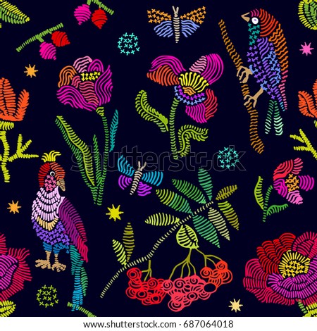 Floral embroidery with rowan. Seamless vector pattern with birds and flowers. Vintage motifs. Retro textile design collection. Colorful on dark.