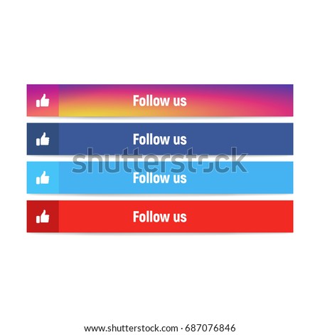 Different Follow us banners - stock vector. Blue, light blue, red, gradient. Vector illustration