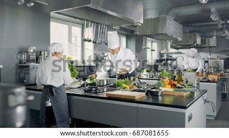 Big and Glamorous Restaurant Busy Kitchen, Chefs and Cooks Working on their Dishes. Royalty-Free Stock Photo #687081655