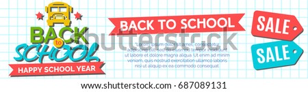 Back to school banner with label consisting of bus and sign happy school year on checkered background. Vector Illustration