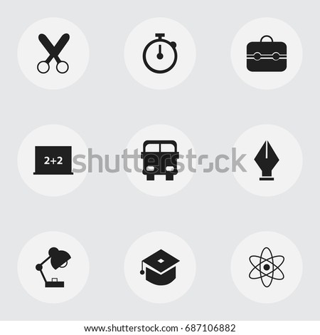 Set Of 9 Editable Knowledge Icons. Includes Symbols Such As Molecule, Transport Vehicle, Timer And More. Can Be Used For Web, Mobile, UI And Infographic Design.