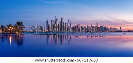 Panorama of Dubai Marina at sunset