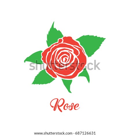 Red rose icon with green leaves vector illustration on white background.