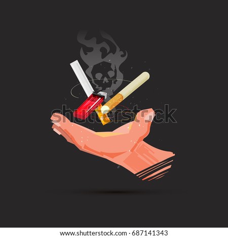 Hand with cigarette and lighter. dead smoke symbol in background. smoking kill concept - vector illustration