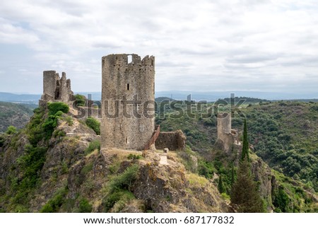 Ruins of four medieval cathar castles Lastours in the mountain valley of Pyrenees, France
