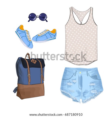 Vector of hand drawn fashion illustration,  isolated on white background.  A set of summer outfit collection with accessories. Casual outfit.