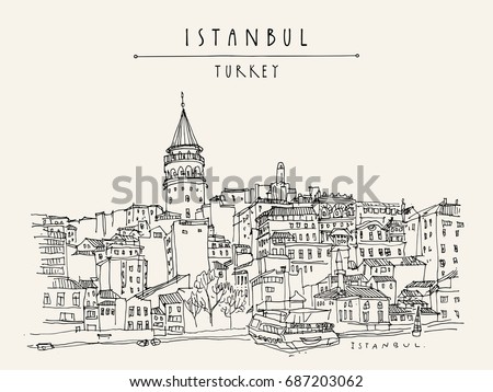 Istanbul, Turkey. Galata tower (Galata Kilesi) and Karakoy district, view from Bosphorus. Travel sketch. Hand drawn vintage touristic postcard. Vector illustration Royalty-Free Stock Photo #687203062