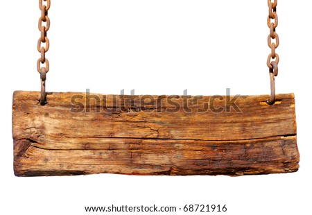 Wood sign hanging from a chain