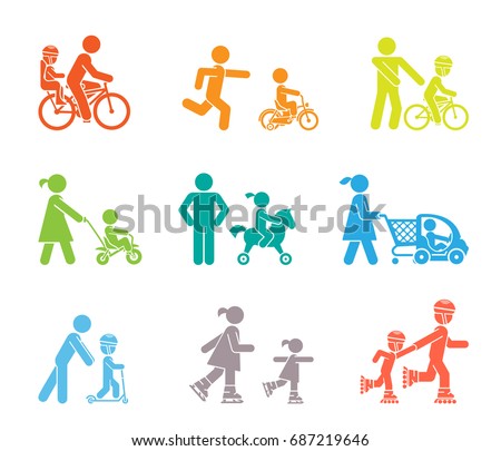 Parents and their kids on the move. Set of pictogram icons representing parents introducing their children with various types of rides.