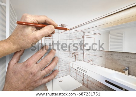 Drawing renovation of a luxury bathroom estate home shower  Royalty-Free Stock Photo #687231751