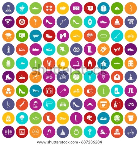 100 shoe icons set in different colors circle isolated vector illustration
