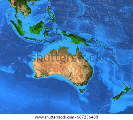 Oceania map - Australasia, Polynesia, Melanesia, Micronesia region. Detailed satellite view of the Earth and its landforms. Elements of this image furnished by NASA Royalty-Free Stock Photo #687236488
