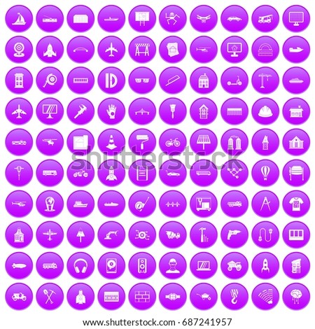 100 engineering icons set in purple circle isolated on white vector illustration