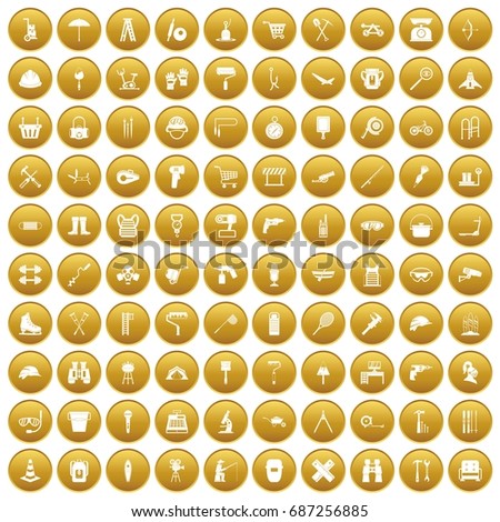100 tackle icons set in gold circle isolated on white vectr illustration