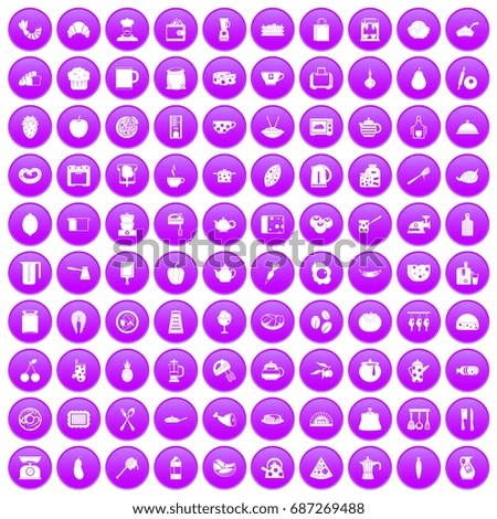 100 cooking icons set in purple circle isolated on white vector illustration