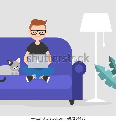 Young freelancer working at home / flat editable vector illustration, clip art
