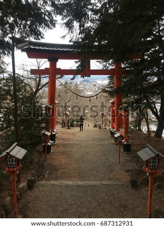 The entrance to (Chureito) red pagoda shrine near Mount Fuji