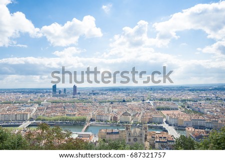 VIew of the city of Lyon from the hill La Fourviere. Old city and New city is on this picture. Cityscape of Lyon, France, from la Fourviere