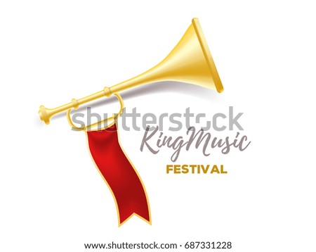 Announcement of a music festival concept. Realistic vector illustration of shiny golden metal trumpet with red ribbon and title on white background.  3d design of horn for web, site, banner 