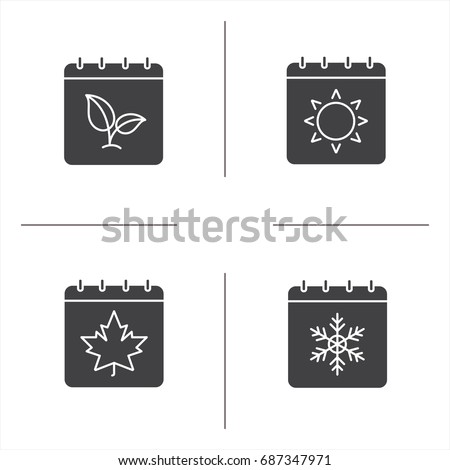 Seasons calendar glyph icons set. Silhouette symbols. Spring, summer, autumn, winter time. Vector isolated illustration